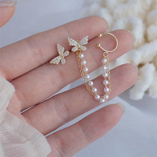 Best Seller Cute Exquisite Micro Butterfly Wings Zircon Temperament Pearl Chain Rear Hanging Two Ear Bone Clip Earring Christmas Accessory