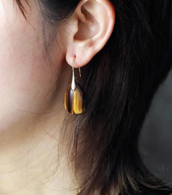 18K Gold Plated Hook Earrings Natural Stone Tiger Eye Minimalist Women Huggie Earring Gem Stone Designer Jewelry Christmas Jewelry Gift Ring